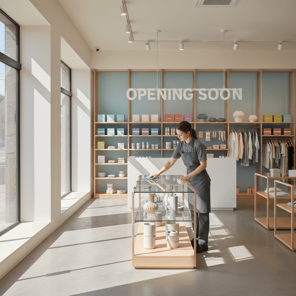 Retail space being cleaned and prepared for customers