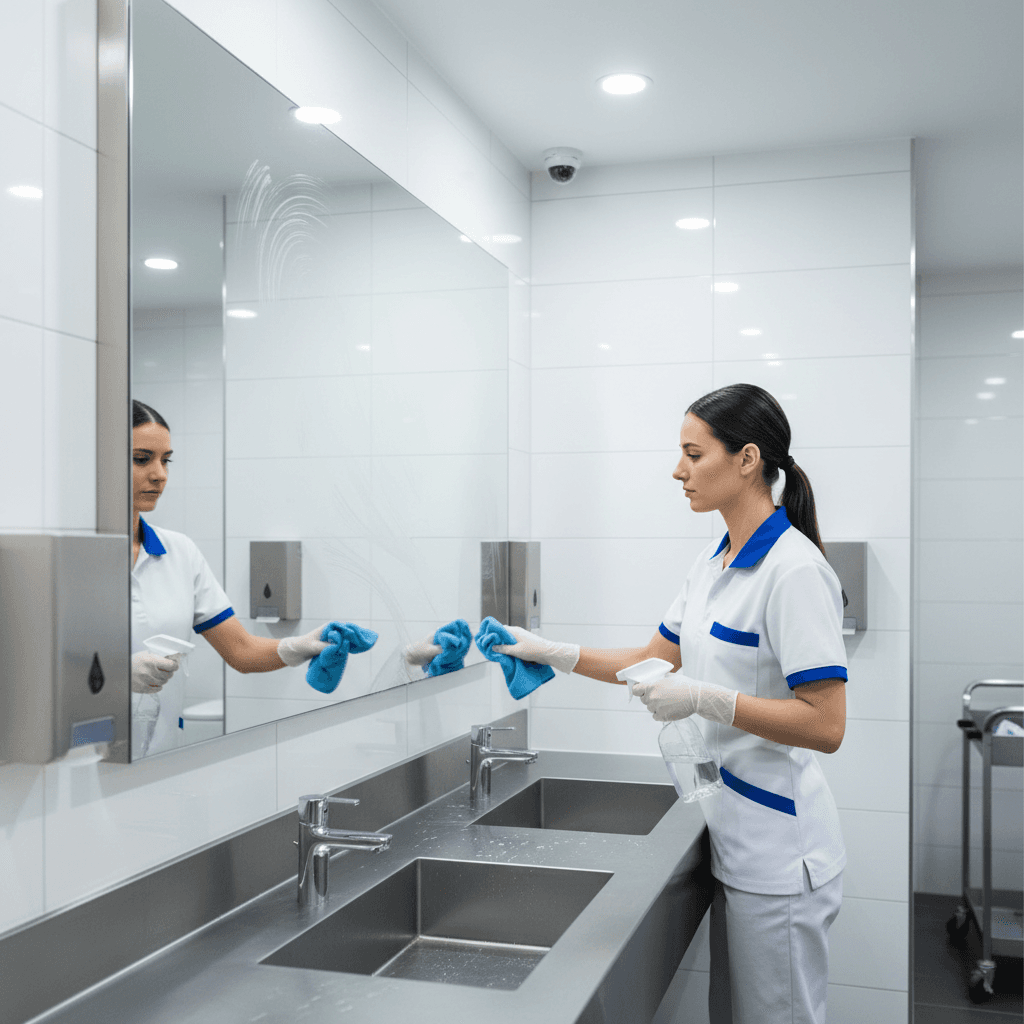Restroom being cleaned and sanitized professionally