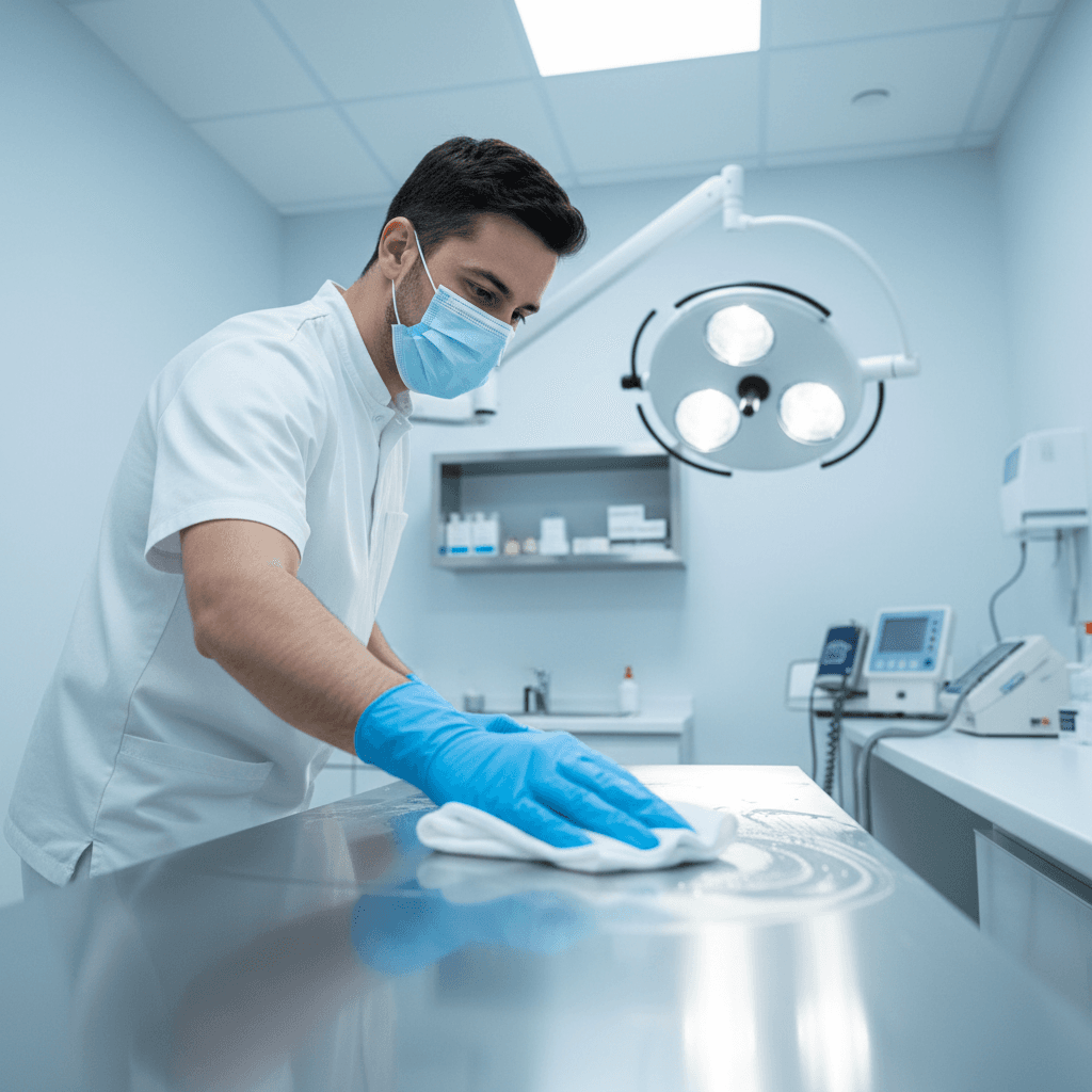 Healthcare cleaner sanitizing medical exam room surfaces