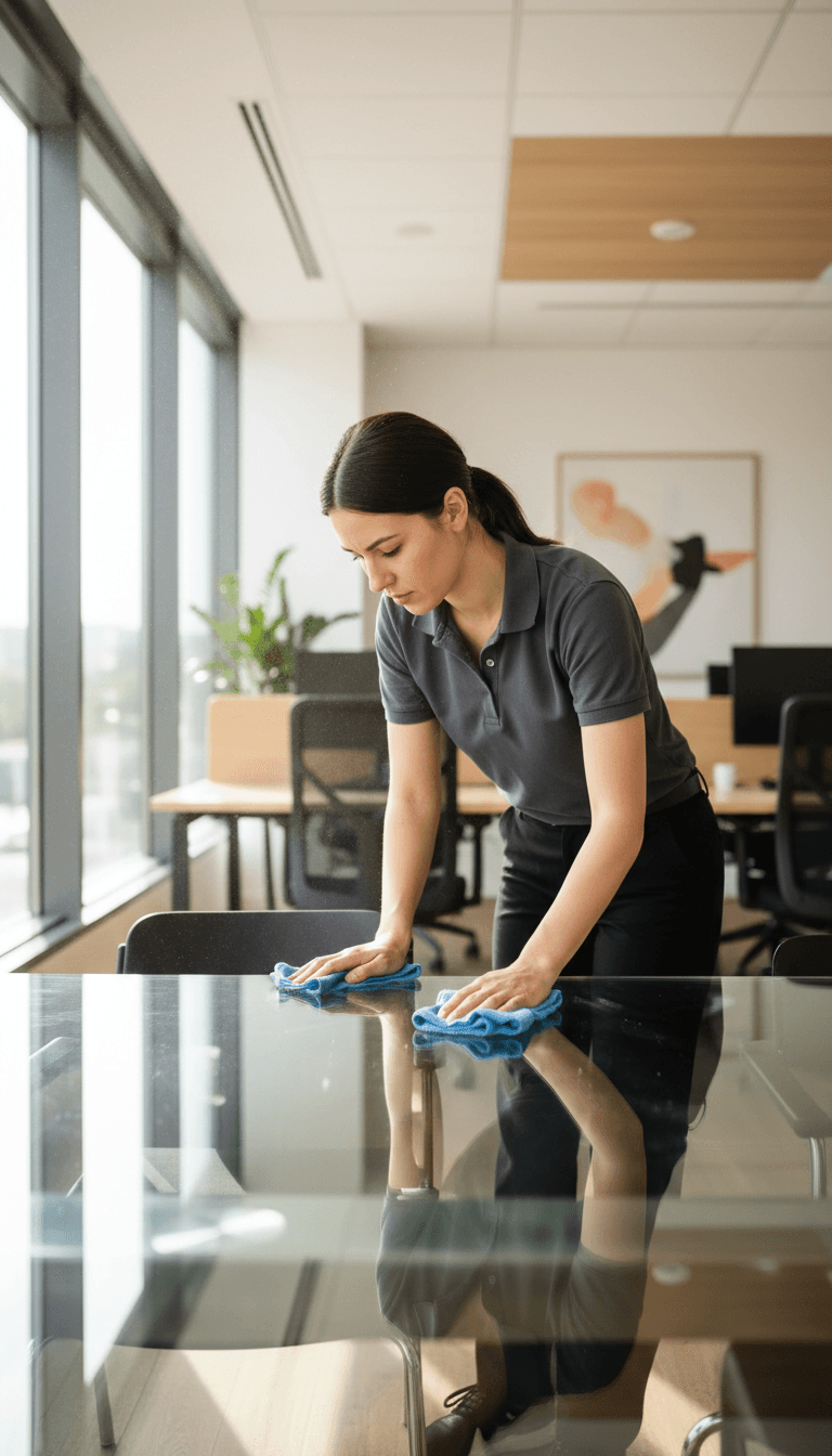 Professional cleaner carefully maintaining a conference table in a bright modern office space