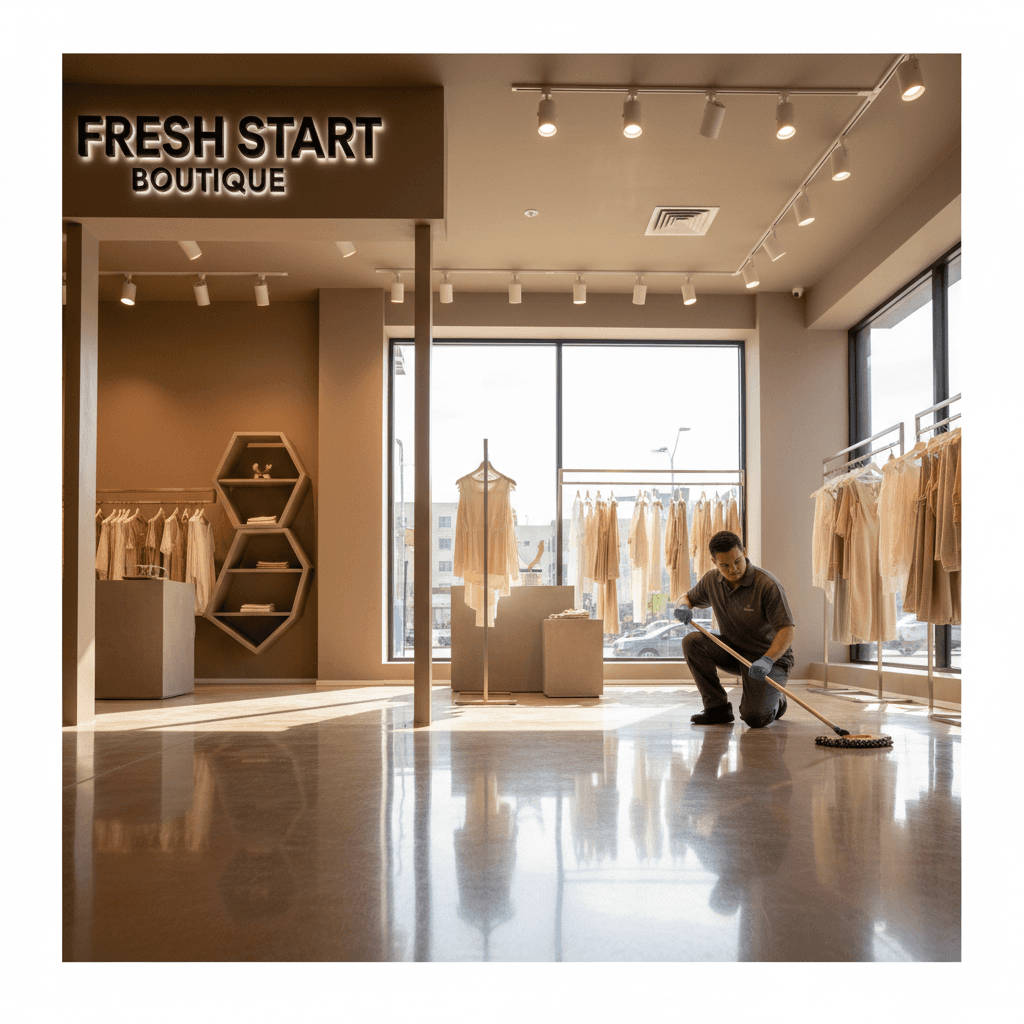Retail space cleaner polishing storefront floor and display areas