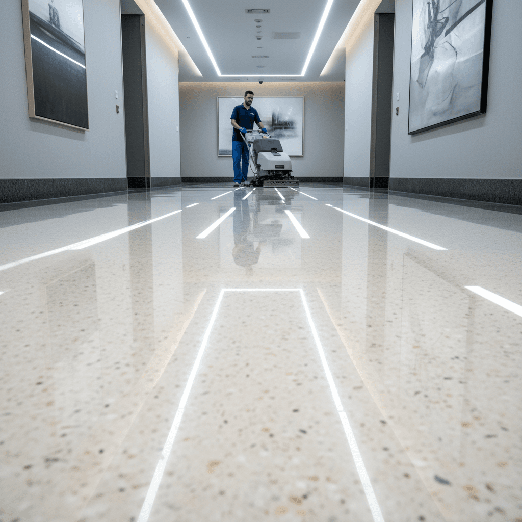 Commercial floor maintenance equipment polishing office lobby floor