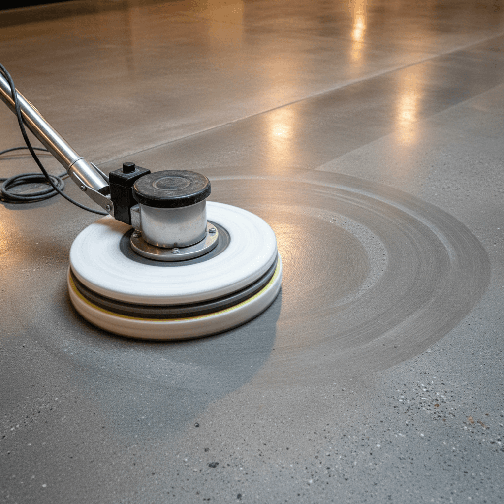 Floor polishing machine at work on commercial flooring