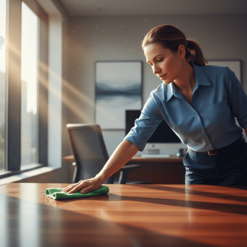 Professional cleaner polishing office desk with microfiber cloth