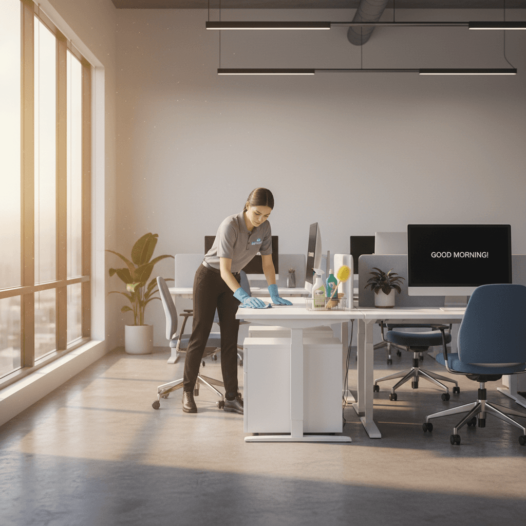 Professional cleaning a desk in a commercial office