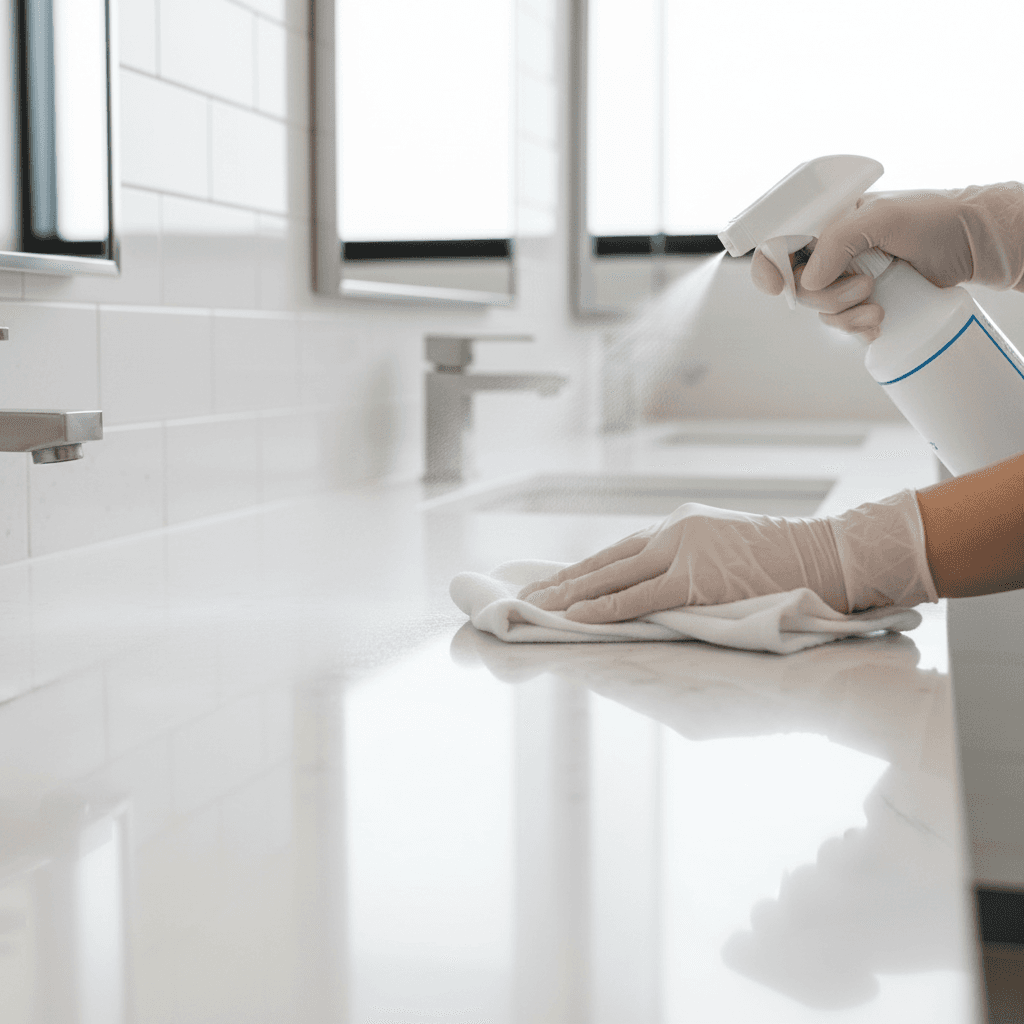 Gloved hand sanitizing commercial restroom counter