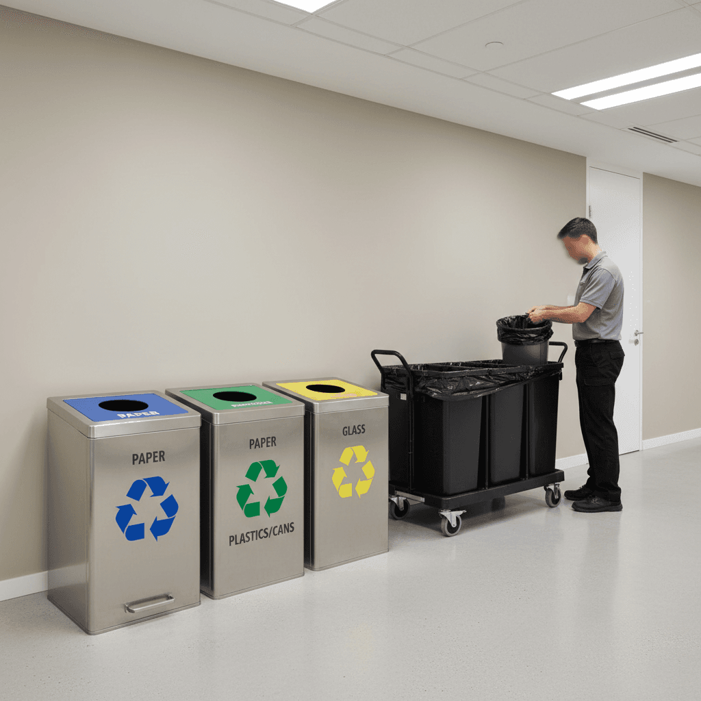 Cleaner managing commercial waste and recycling bins in office hallway