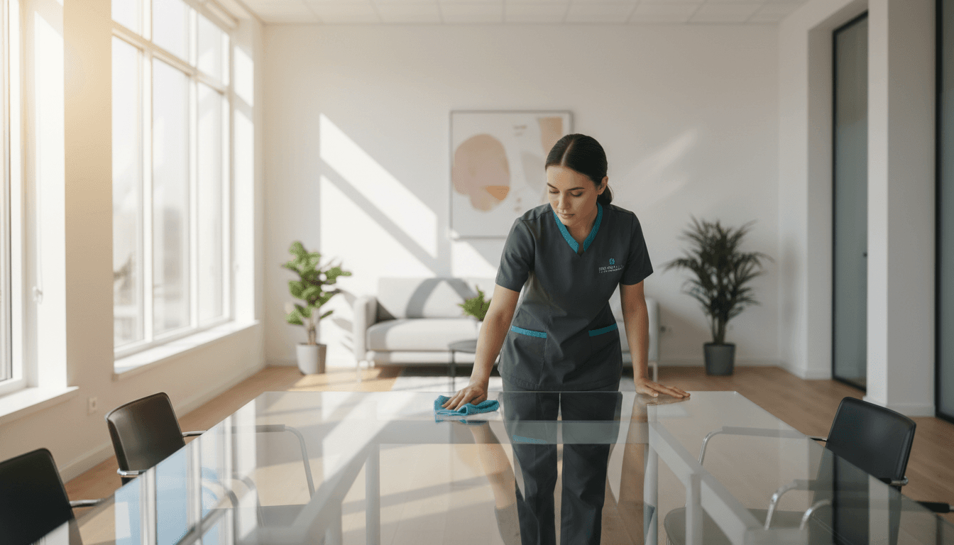 Professional cleaner polishing a conference table in a modern Fort Lauderdale office